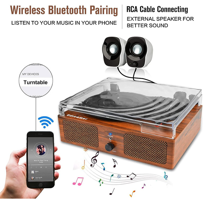Вініловий програвач Udreamer з Bluetooth, вбудованими динаміками, пасиковим приводом, 3 швидкостями, вінтажний, для домашнього використання, коричневий