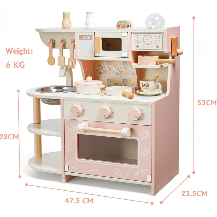 Дитяча дерев'яна кухня для приготування їжі - ігровий набір з 26 аксесуарів. Іграшкова кухня з продуктами та кухонним посудом. Чудовий подарунок для дівчаток та хлопчиків 3+ років. Велика кухня (рожева)