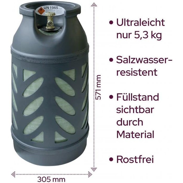 Bluecraft Premium Газовий балон пропановий 10 кг, балон з композитного матеріалу, легкий, з індикатором рівня газу, з газовим регулятором та ключем