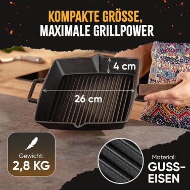 Сковорода-гриль з чавуну, 26 см, емальована, для приготування стейків, сумісна з усіма типами плит