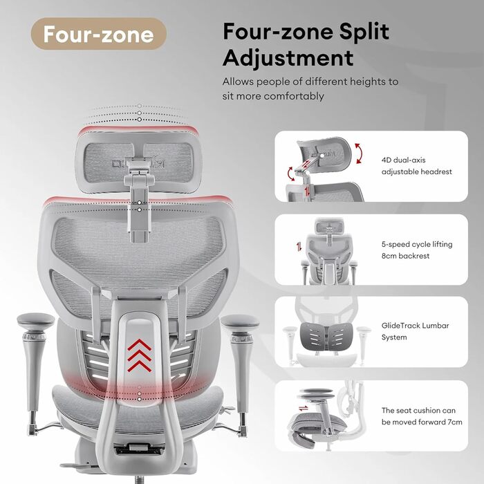Офісний крісло MUSSO X700 з підтримкою попереку GlideTrack, 6D підлокітники, 4D підголівник, ковзне сидіння та підставка для ніг – інтелектуальний комфорт для роботи, навчання та геймінгу (світло-сірий)