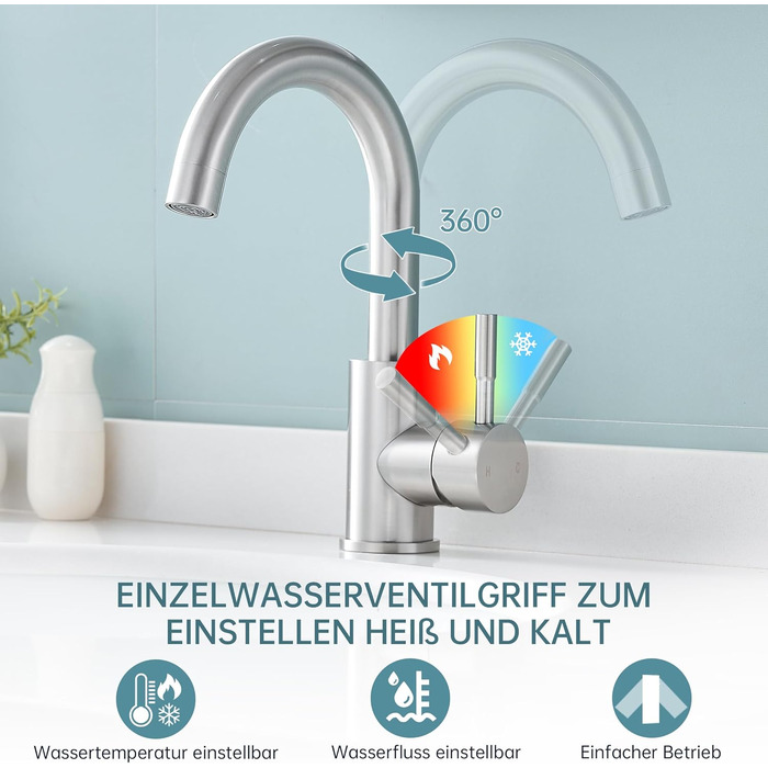 Змішувач для ванної кімнати Fransiton Bad Hoch, водозберігаючий настінний змішувач для раковини (нержавіюча сталь)