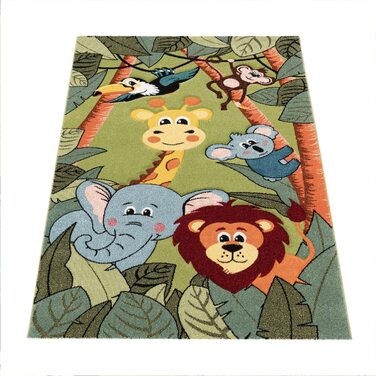 Домашній дитячий килим Paco для дитячої кімнати, джунглі, тварини, жираф, Лев, мавпа, бегемот, зелений, Розмір (150 см в квадраті)
