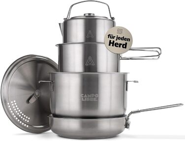 Набір кухонного посуду Campo Libre Enzo I з нержавіючої сталі для кемпінгу | 6 або 6-ти частинний | Індукційний | Посуд для кемпінгу