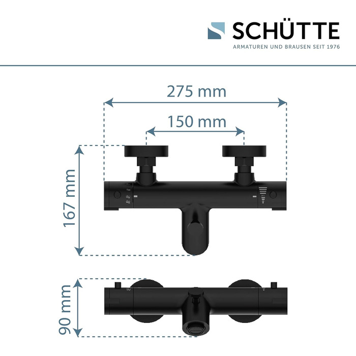 Змішувач для ванни Schütte London з термостатом, захист від опіків 38°C, хромований (чорний)