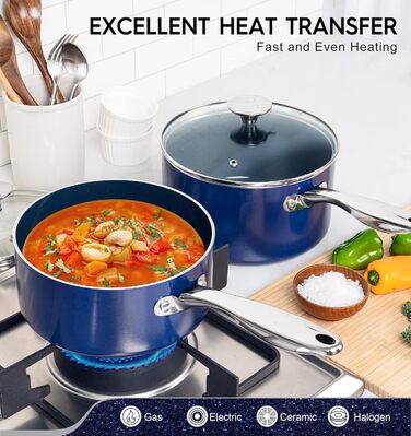 Набір каструль Michelangelo з керамічним покриттям, 1.5л, 2л, 3л, з кришкою, з нержавіючої сталі, синій, для плити та духовки