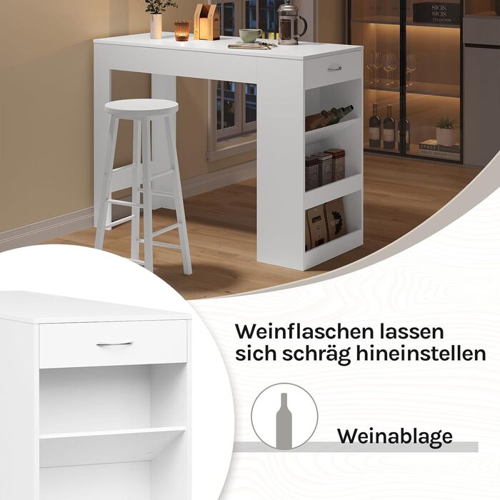 Столик-бар WOLTU з шухлядою та полицями для вина, 90x50x120 см, білий
