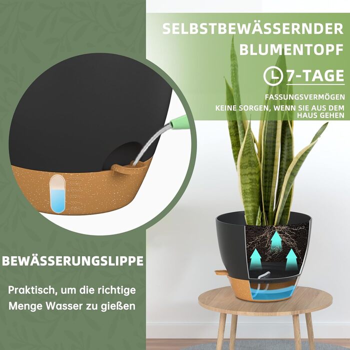 Набір горщиків для квітів ZMTECH 25 см з підставкою, 2 шт., чорний, самополив, пластик