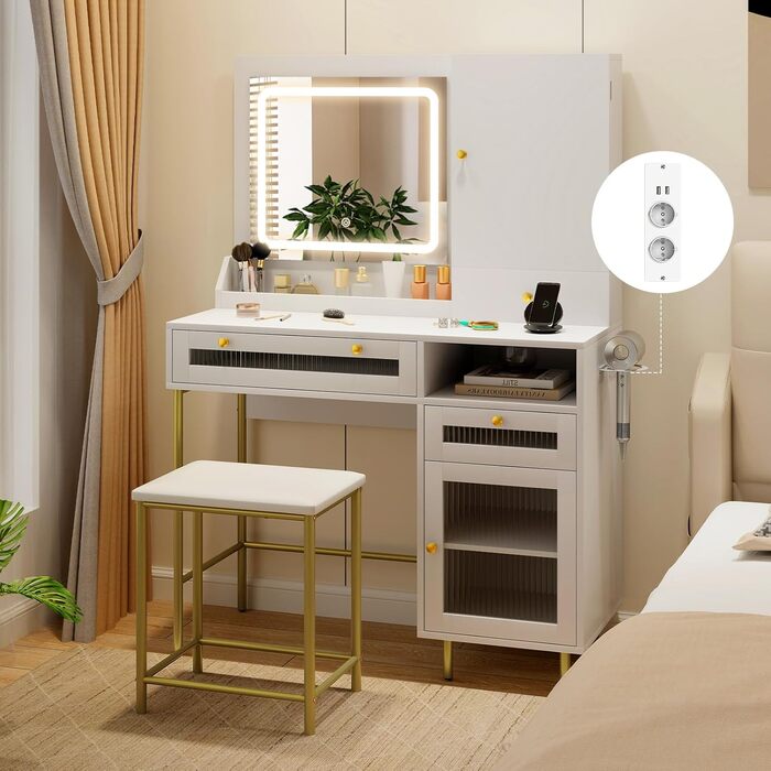 Тумбочка для макіяжу з LED-підсвічуванням COSTWAY, туалетний столик з зарядкою, дзеркало, пуф, 3 ящики, місце для фену, білий + золотий