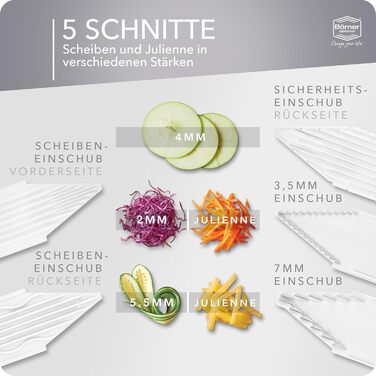 Набір Börner Gemüsehobel V3: овочевий слайсер з V-подібною лезою, 5 видів нарізки, регульований, для овочів та фруктів, з тримачем для фруктів, нержавіюча сталь, оранжево-білий (Profi Set)