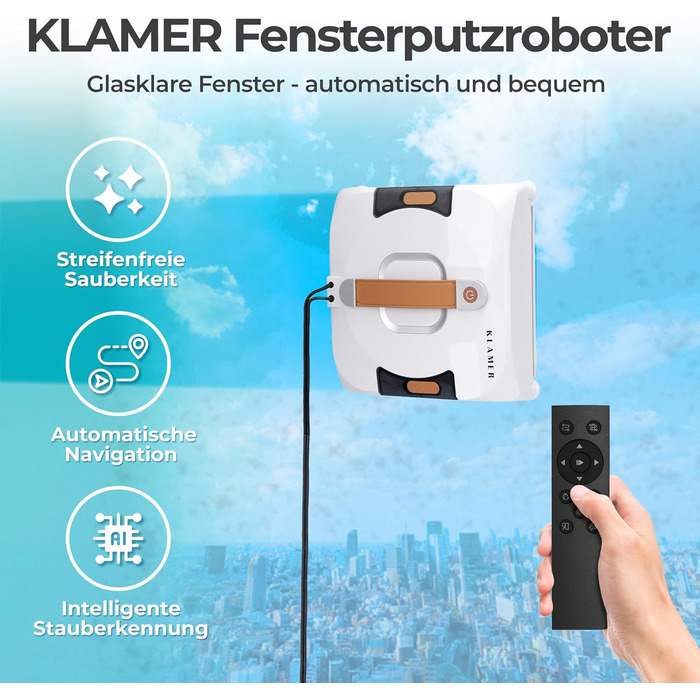 Робот-прибиральник вікон KLAMER 3500 Pa – автоматичний мийник вікон з резервуаром 100 мл, функцією вологого прибирання, розпізнаванням країв, тихий (60 дБ), захист від падіння та смарт-планування. Білий