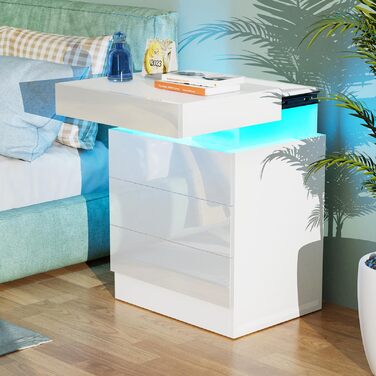 Нічний столик білий з екошкірою, 3 висувні ящики та шафка з відкидною кришкою, 45x35x61 см