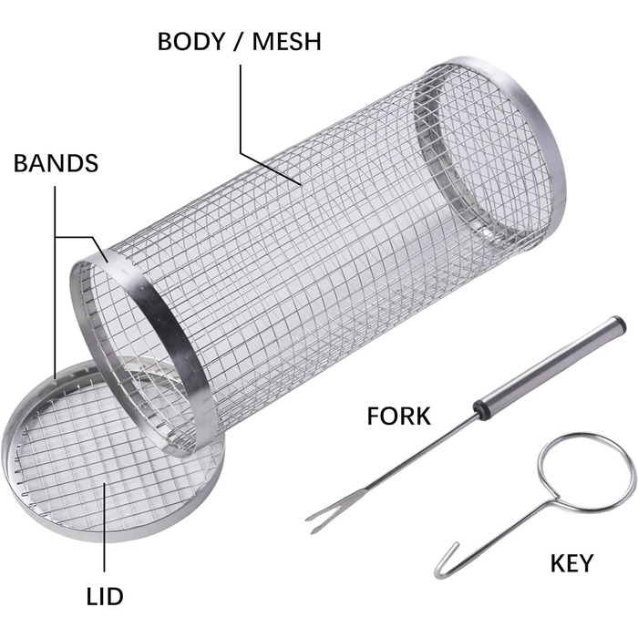Кошик для гриля з нержавіючої сталі 30 см Циліндричний кошик для гриля Кошик для гриля з вилкою Підставка для гриля Аксесуари для приготування їжі Для гриля на відкритому повітрі Овочевий гриль Рибний гриль Тримач для гриля Барбекю Аксесуари для барбекю (