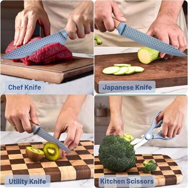 Набір кухонних ножів, 6 предметів, чорний, гострий, з антипригарним покриттям, нержавіюча сталь, з підставкою (блакитна)