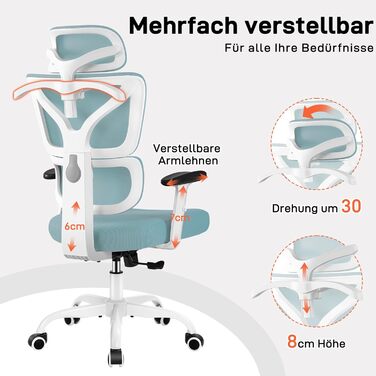 Офісне крісло DoChair Еластична сітчаста спинка Ергономічний стілець Регульований підголівник і висота Ігрове крісло з вішалкою, (світло-блакитний)