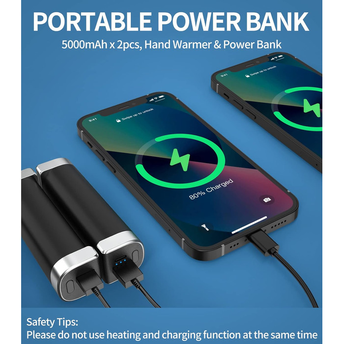 Електричні грілки для рук 5000mAh (2 шт.) - багаторазові, для активного відпочинку, зимовий подарунок для дітей, жінок та чоловіків (чорний)