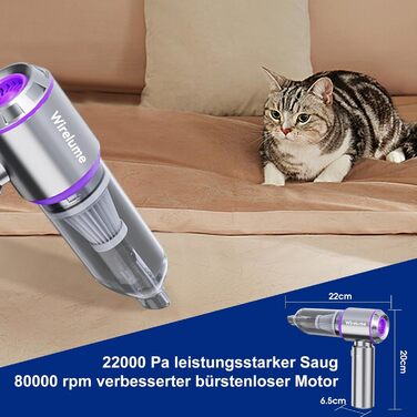 Акумуляторний ручний автомобільний пилосос 4 в 1, бездротовий міні-пилосос для авто з потужністю 22 000 Па, 3 режими всмоктування, портативний для шерсті тварин та салону авто, фіолетовий