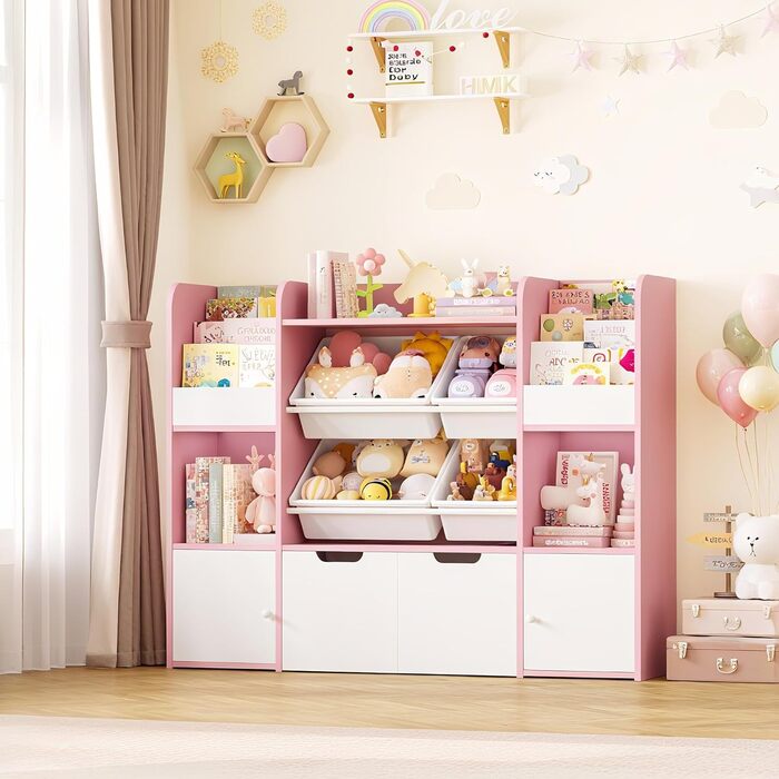 FOREHILL Дитяча полиця для іграшок та книг, стелаж для дитячої кімнати з 4 ящиками, рожевий (126x30x104 см)