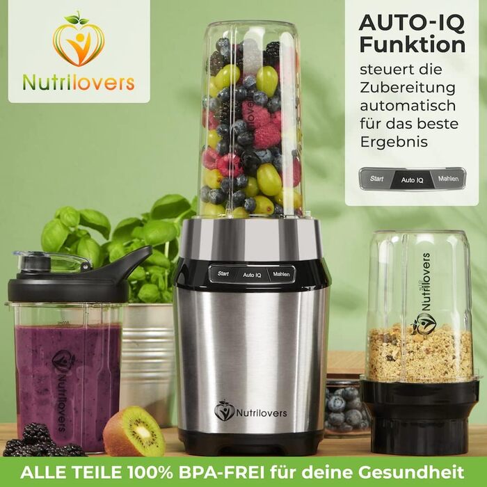 Міні-блендер Nutrilovers NUTRI-BLENDER 1000 Вт для смузі, без бісфенолу А, з книгою рецептів та аксесуарами