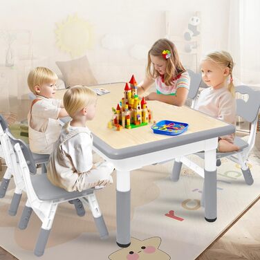 Дитячий стіл зі стільцями, дитяча група меблів, регульована висота, HDPE & ABS, багатофункціональний ігровий стіл для дітей 2-10 років, ергономічний набір столу та стільця для дитячої кімнати (120*60 см, сірий)