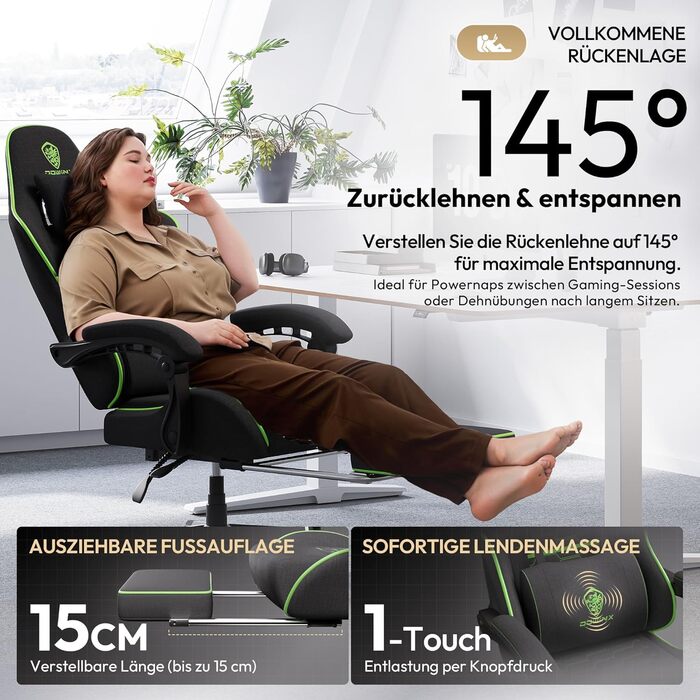 Ігровий крісло Dowinx з підголівником та підставкою для ніг, тканинне, з масажем (Чорний та Зелений)