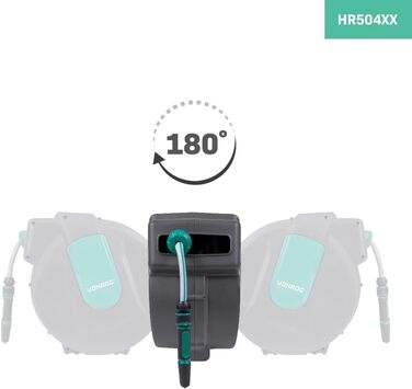 Шланг садовий VONROC 35 метрів з автоматичним згортанням та тримачем для стіни - Шланг на котушці, 180° поворот, зелений