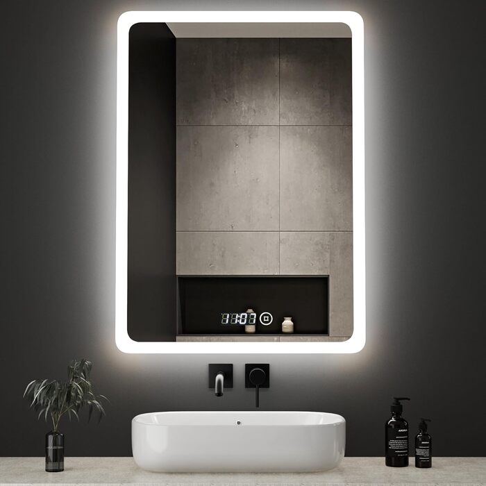 Дзеркало для ванної кімнати з підсвічуванням та годинником Boromal 50x70 см, диммер, 3 кольори світла, 2470 лм