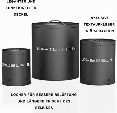 Коробки для зберігання картоплі, цибулі та часнику (набір 3 шт.) - Коробки для овочів з вентиляційними отворами, матовий чорний