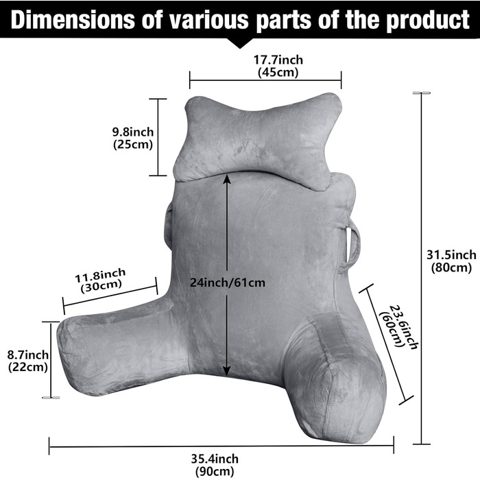 Лежанка для читання в ліжко для дорослих Suewidfay, 90x80 см, велика спинка з підголовником та підлокітником, комфортна подушка для читання в ліжко, диван або на підлогу