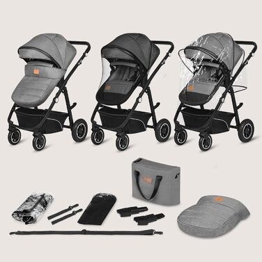 Дитяча коляска Lionelo Bianka 3 в 1 до 22 кг з автокріслом, компактна, регулювання спинки, колеса 360°, амортизація, великий капюшон (сіра)