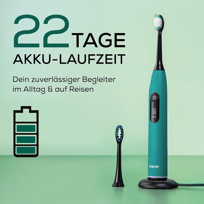 Електрична зубна щітка Beurer SC 30 Ocean Breeze: 4 режими чищення, 80 000 коливань, таймер, LED-дисплей + 2 насадки, корпус з переробленого пластику