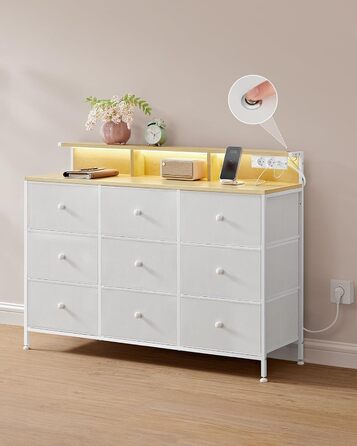 SONGMICS Комод з 9 висувними ящиками та LED-підсвічуванням, з розеткою, сталевий каркас, 33,5 x 114 x 84 см, для спальні/вітальні, білий, LTS519W02