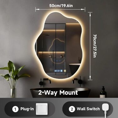 Дзеркало для ванної кімнати Sararoom з підсвічуванням, кругле LED дзеркало 70x50 см, 3 кольори світла, диммування, антизапар, пам'ять, загартоване скло