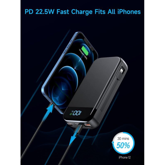 Входи, 5 виходів, LED-дисплей, кабель, сумісний з iPhone/Android, 46800mAh, PD22.5W, 3