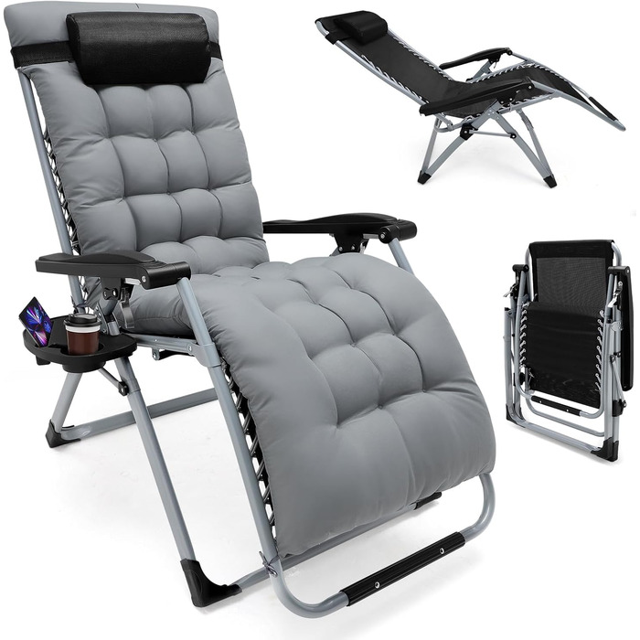 Шезлонг для відпочинку, розкладний, широка спинка 72 см, для саду, патіо, пляжу, басейну, з подушкою, 200 кг (Світло-сірий)