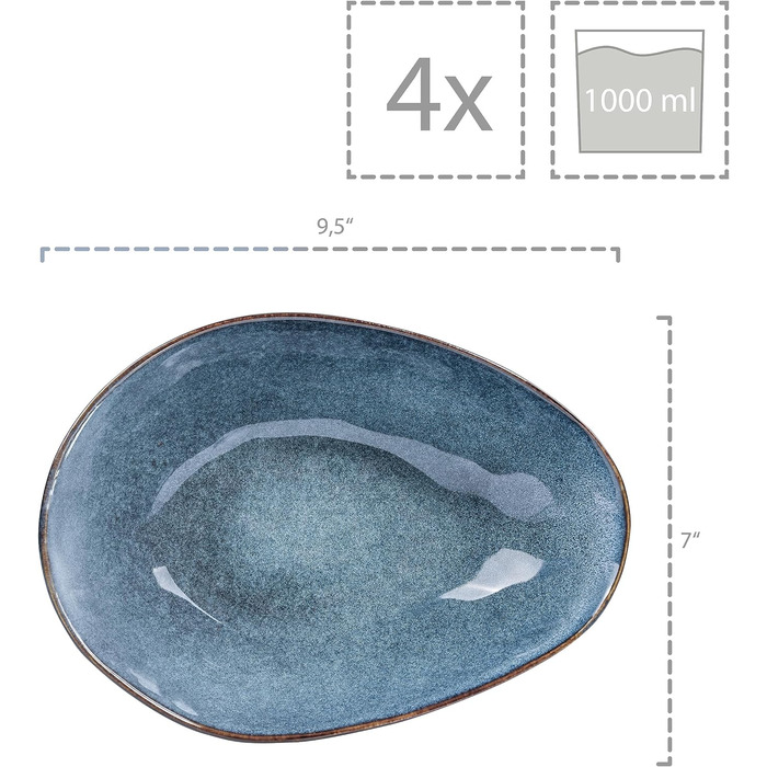 SINGER Darwin набір посуду 12шт набір фаянсу на 4 персони набір тарілок синього кольору, включаючи обідню тарілку, десертну тарілку та глибокі тарілки, столовий посуд, набір посуду ручної роботи (макарони 4шт)