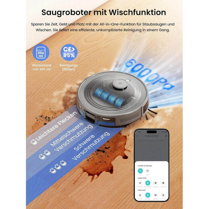 Робот-пилосос LEFANT M2 Pro Mondgrau з функцією миття, 5000Pa, LiDAR, 150 хв, розпізнавання килима, керування через додаток/голос, для видалення шерсті тварин, чорний