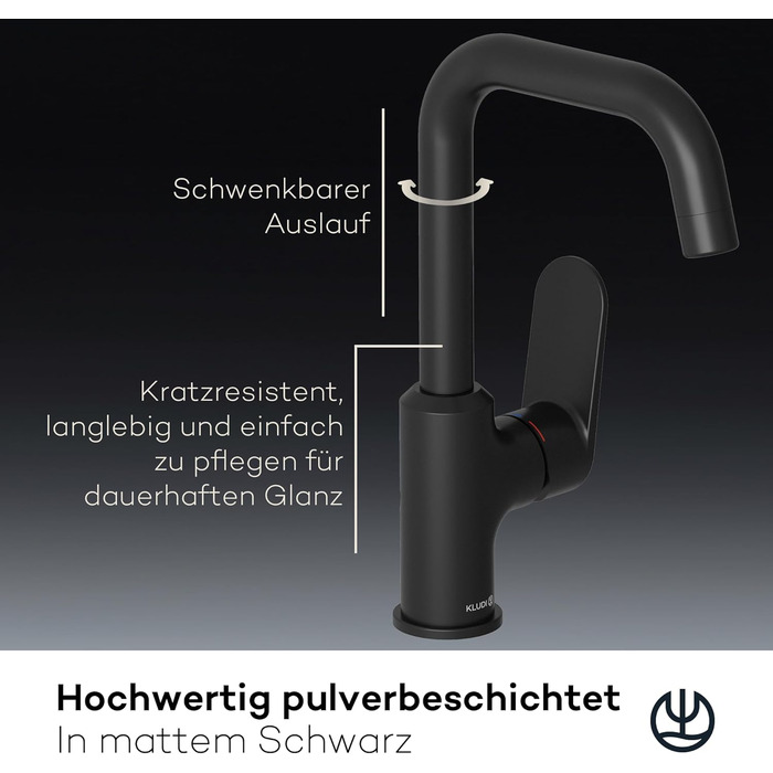 Змішувач для ванної кімнати KLUDI-X1 з висувною корковою пробкою, поворотний на 360°, висота виливу 205 мм, водозберігаючий, розмір L, з підключенням до шлангів (без зливної арматури, матовий чорний)