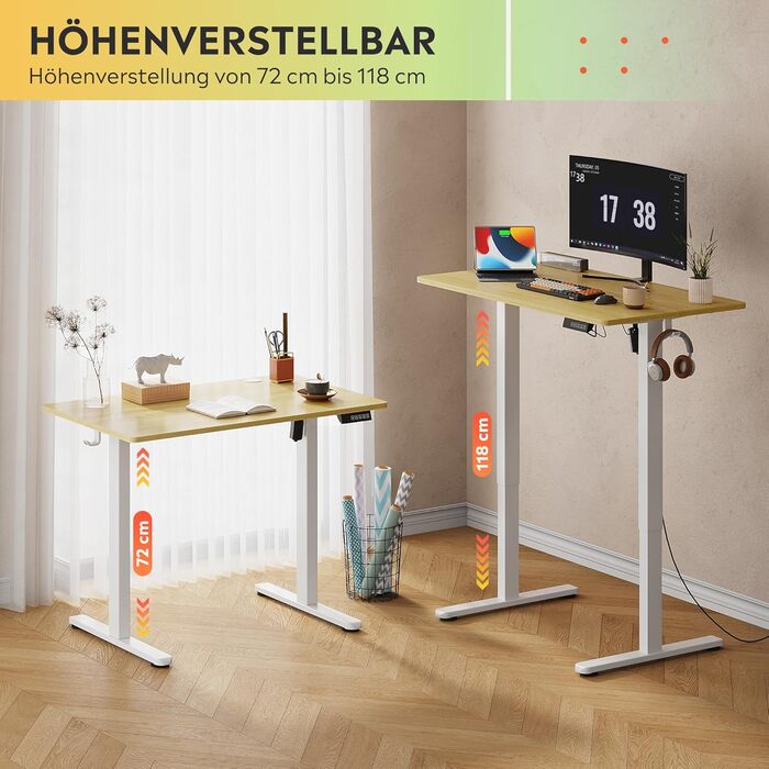 Регульований за висотою стіл Devaise з тихим мотором та функцією пам'яті для 3 положень, стіл для сидіння та стояння, регулювання висоти 72–118 см, ергономічний комп'ютерний стіл для офісу, білий (100x60 см, колір дуб)