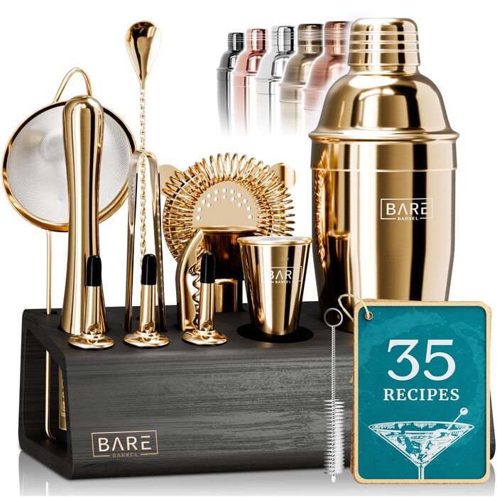 Набір для бармена BARE BARREL® з 14 предметів | Набір шейкерів для коктейлів | Професійний барний інвентар для дому | 35 рецептів + подарунковий набір | Золотий шейкер Cobbler 24oz