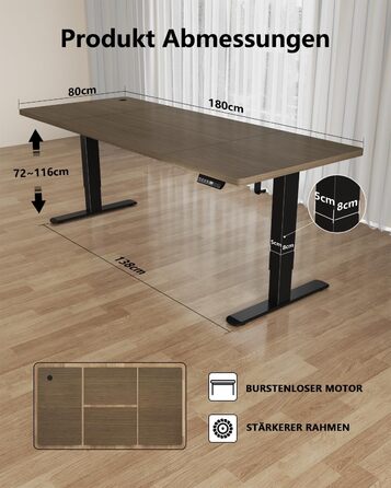 Регульований стіл Flamaker: електричний, з пам'яттю, для офісу, 180x80 см, колір горіх