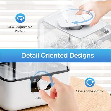 Зволожувач повітря Chivalz Top Fill для великих кімнат 6л з нічником, обертовою на 360° форсункою, 50 год роботи, аромадифузор для спальні, дитячої, рослин, немовлят, білий + 2 виходи туману