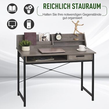 Письмовий стіл HOMCOM з шухлядою для полиць, комп'ютерний стіл, офісний стіл, індустріальний стиль, МДФ, метал, сірийчорний, 106 x 53 x 95 см