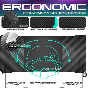 Ігровий стіл KESSER 160см х 60см Z-подібна форма Гачки для навушників і карбонове покриття Підстаканник чорний