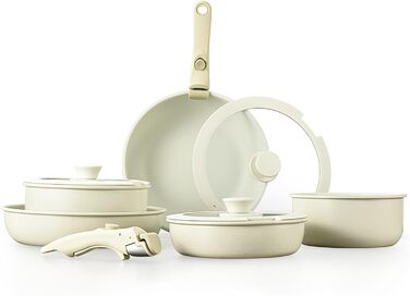 Набір кухонного посуду 11 предметів з антипригарним покриттям та знімними ручками: складаний набір каструль та сковорідок для індукційних, газових плит, духовки та посудомийної машини, без PFAS (зелений)