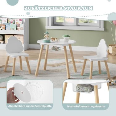 Дитячий столик та 2 стільчики WOLTU, дитячий набір меблів з місцем для зберігання (сітка), стільчик з хмарною спинкою для малюків та дошкільнят, круглий стіл