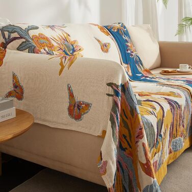 Богемна ковдра Boho Decke 100% бавовна – двостороння муслінова ковдра 150x200 см, м'яка ковдра для дивана та покривало для ліжка, естетичний дизайн, ідеально для вітальні та спальні, помаранчевий/зелений 150 x 200 см, Sommertanz