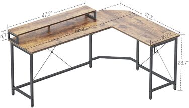 Ігровий стіл CubiCubi L-подібний, 150x120 см з підставкою для монітора та кишенькою, вінтажний коричневий