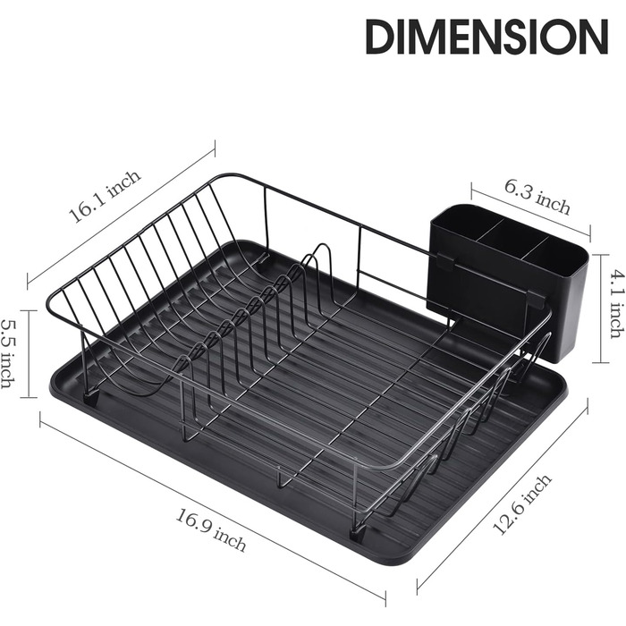 Сушарка Urackify з піддоном для крапель, велика місткість, тримач для столових приборів, зливна дошка, тримач для чашки (чорний)