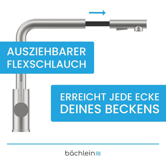 Змішувач для кухні Bchlein Varvaro поворот на 360, нержавіюча сталь, однією рукою, висувний шланг, перемикач душу